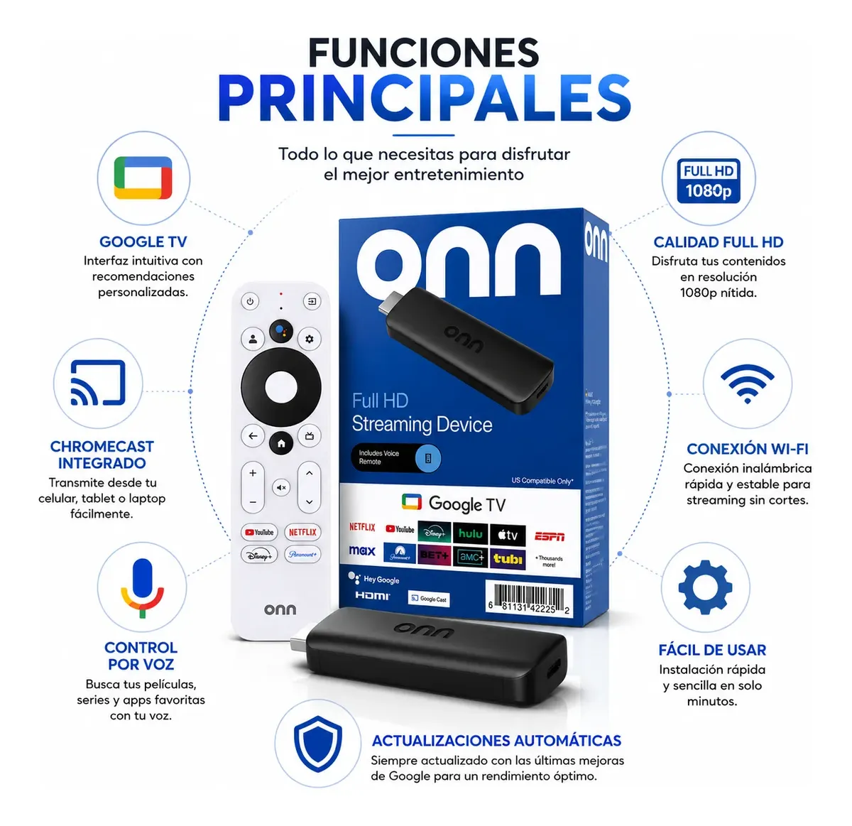 ONN GOOGLE TV STICK FULL HD 8GB RAM 1.5GB CONTROL - Imagen 2